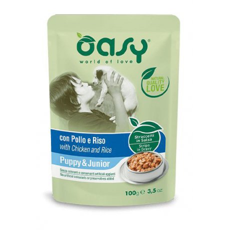 Oasy Strips Puppy kurczak z ryżem smakowite, soczyste kąski mięsne w pysznym sosie saszetka 100g